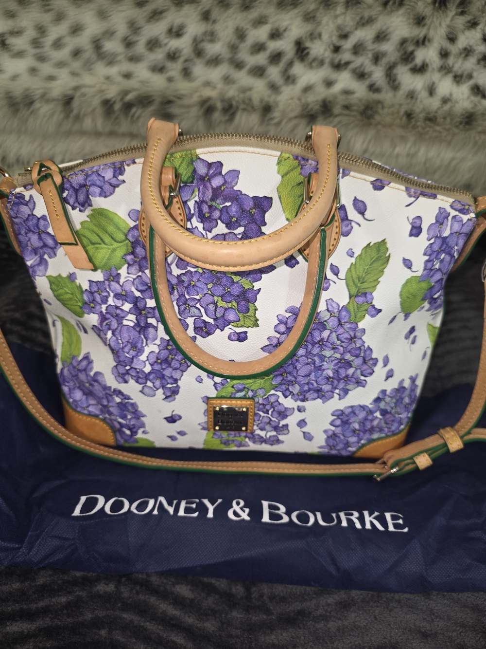 Dooney & Bourke White Floral Hydrangea Satchel with Tan Trim